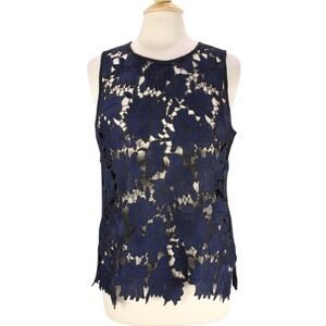 Anthropologie‎ Postmark Koria Lace Cut Out Tank Top size M Blue Black Sheer